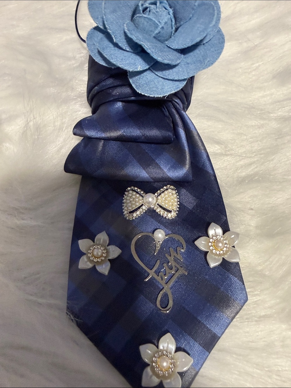 Blue Plaid Kids Decorative Junk Tie with Flower and Pearl Accents